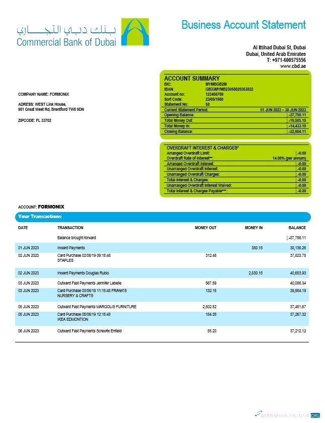 Commercial Bank of Dubai company checking account statement Word and PDF template